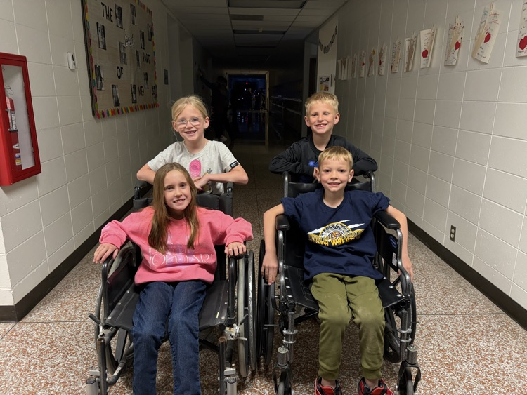 Kenzie and Kye in wheelchairs with Toby and Kimber behind  