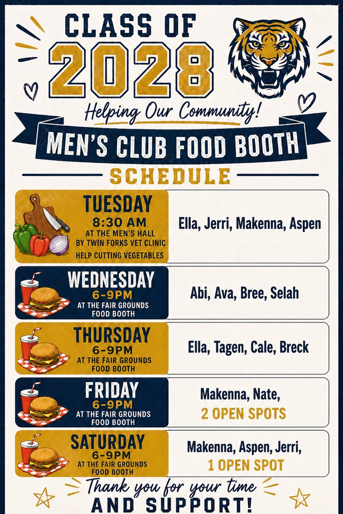 Graphic titled “Class of 2028 Helping Our Community! Men’s Club Food Booth Schedule” featuring a tiger mascot and volunteer schedule. 