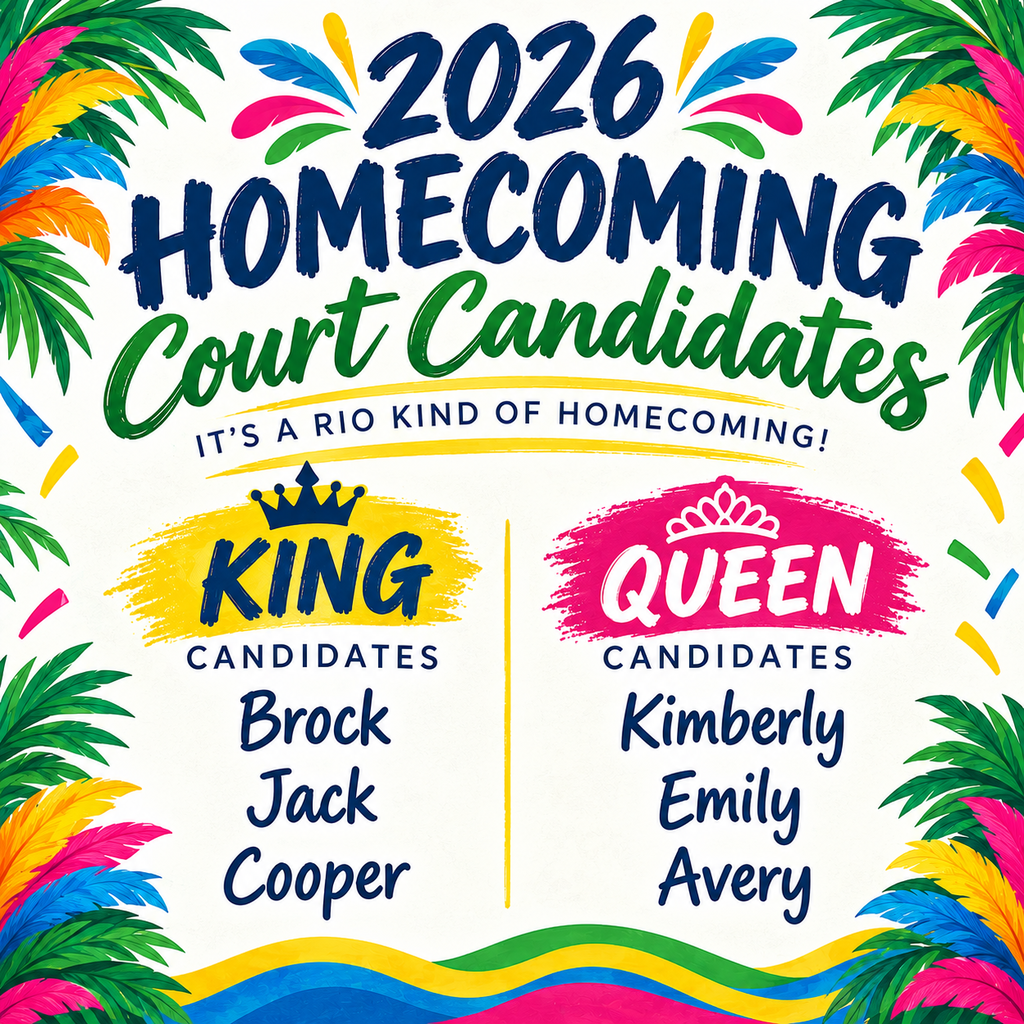 Image featuring tropical leaves and bright feathers with text announcing the 2026 Homecoming Court candidates