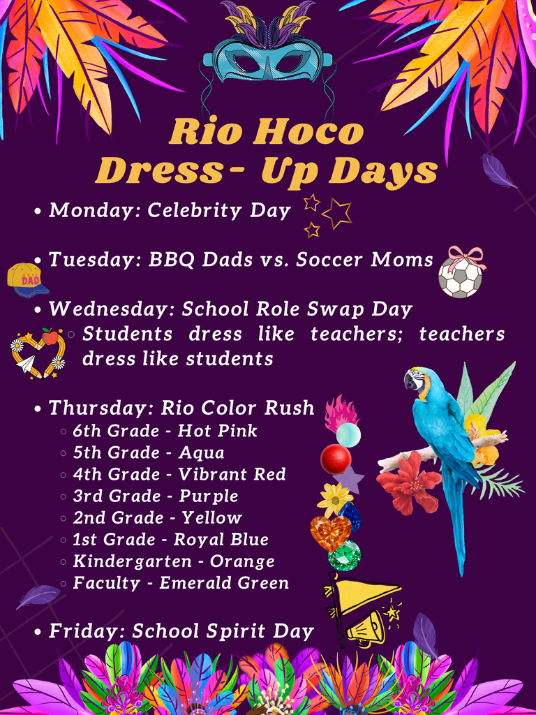 Rio inspired image with bright feathers announcing the 2026 Homecoming Dress-up Day for students in grades K-6
