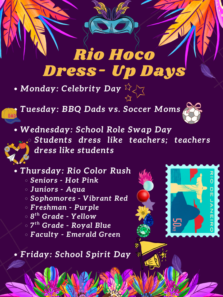 Rio inspired image with bright feathers announcing the 2026 Homecoming Dress-up Day for students in grades 7-12