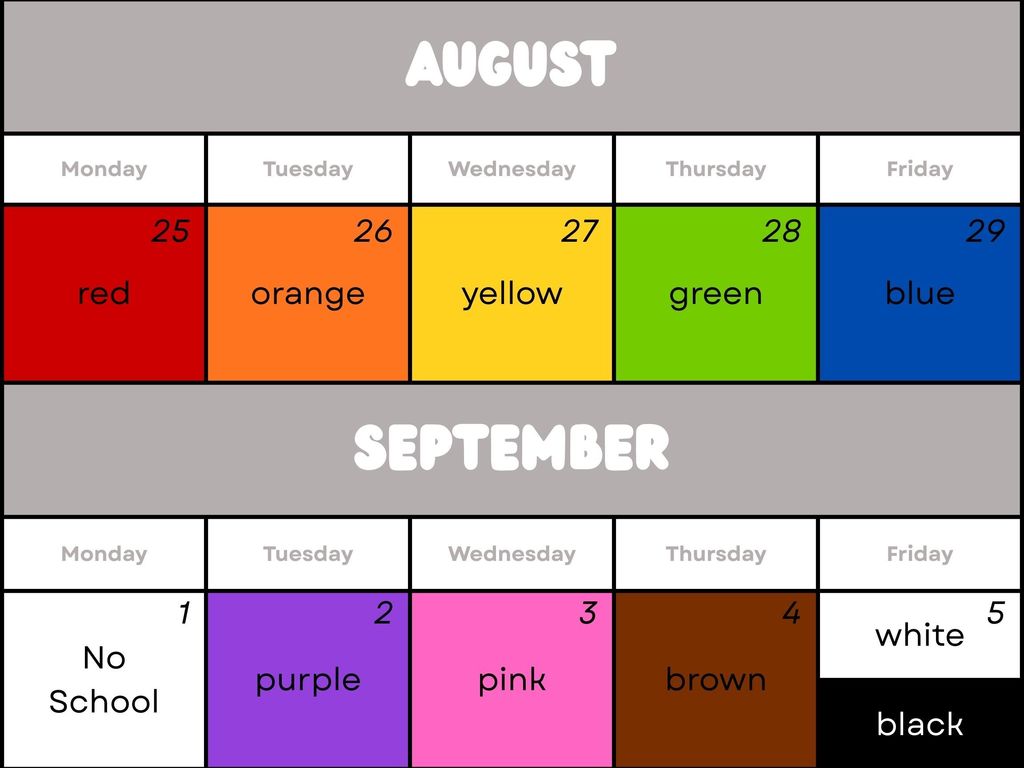 calendar with each day's colors shown
