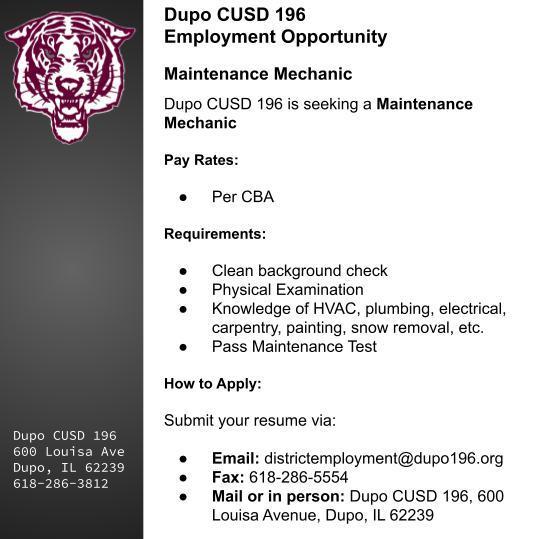 Dupo CUSD 196 is seeking a Maintenance Mechanic