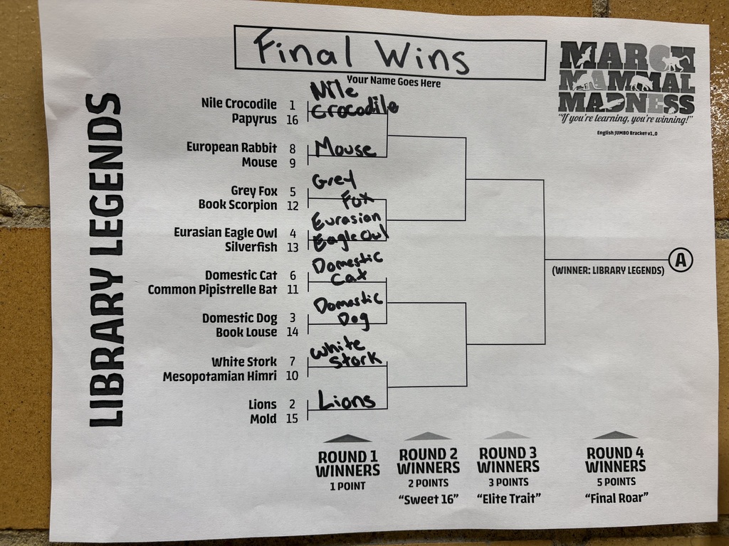 Bracket for Library Legends with the updated winners from round 1.