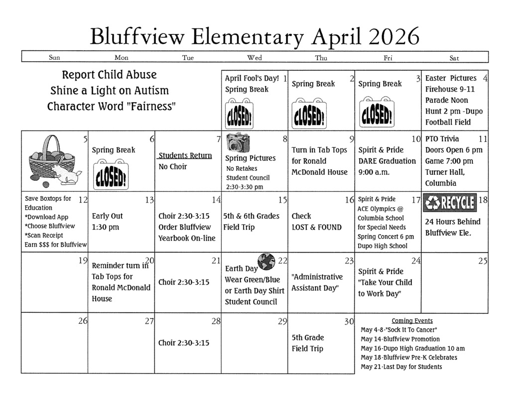 Bluffview April Calendar