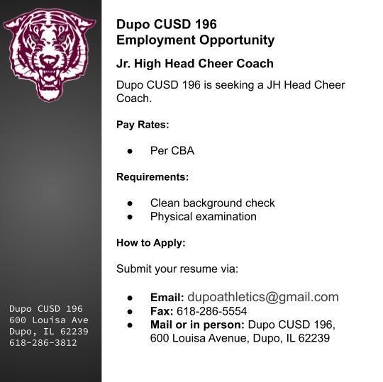 Dupo CUSD 196 is seeking a JH Head Cheer Coach.