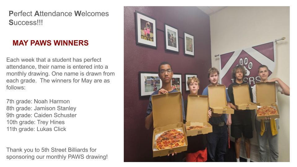 Students hold pizza boxes, celebrating perfect attendance. Text lists names and grades of winners.