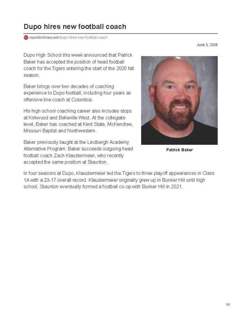Republic Times  Article on New Football Coach Patrict Baker 