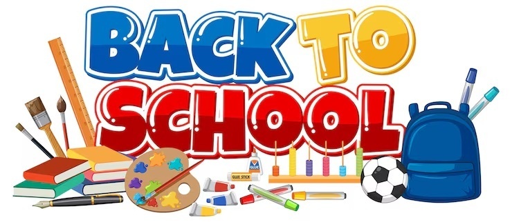 Bold blue and red text saying "Back to School" above a blue backpack, a soccer ball, a paint palette, books, and other school items.