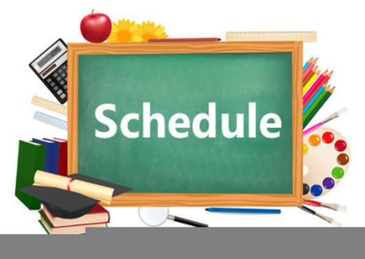 Illustration of a green chalkboard with the word "Schedule" written in white. Surrounding it are various school items.