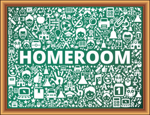 A green board with a white border displays the word "Homeroom" at the top, surrounded by icons like books, a magnifying glass, and musical notes.