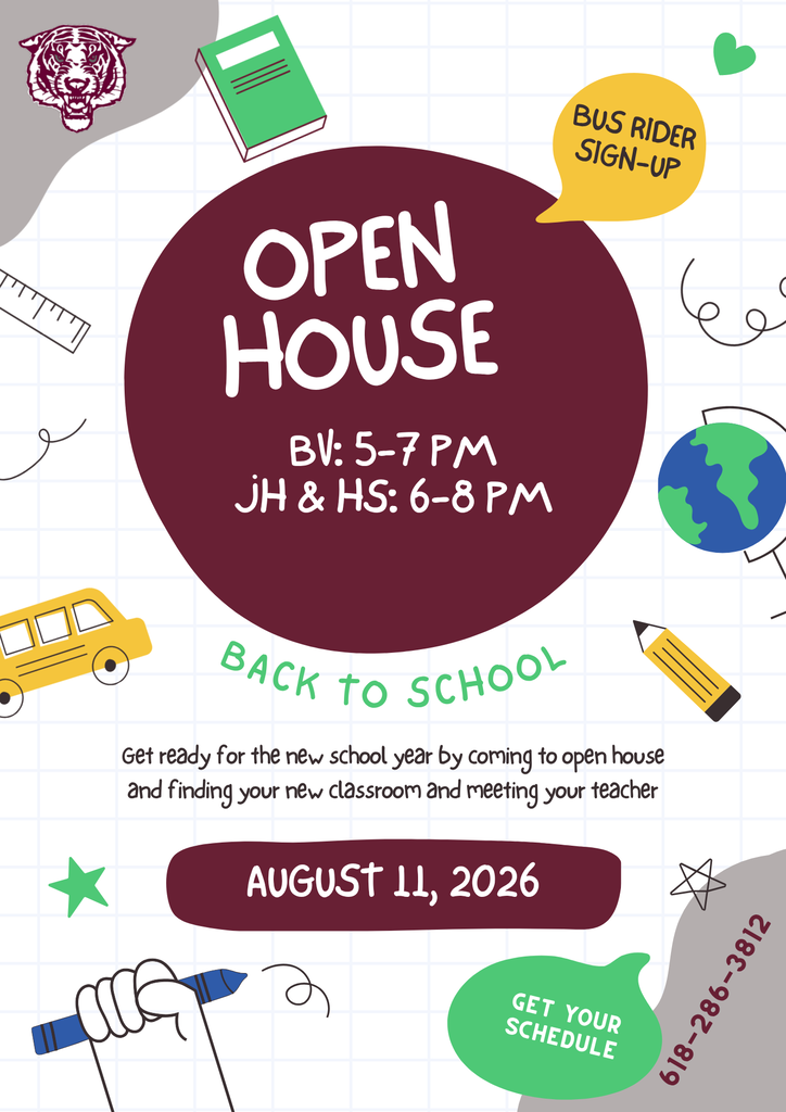 An event poster features a central circle with "OPEN HOUSE" text, and times 5-7PM and 6-8PM for JH & HS.