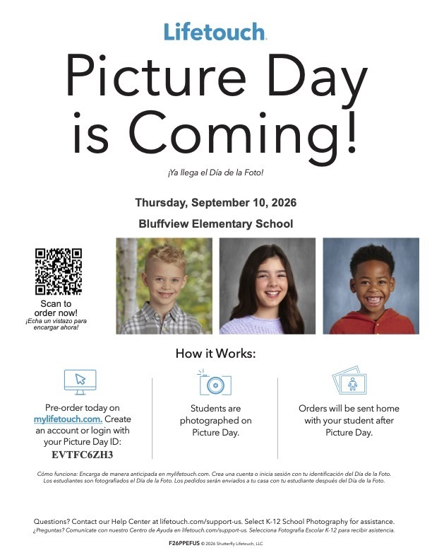 An advertisement for Picture Day at Bluffview Elementary School on September 10, 2026. It includes three photos of smiling children and a QR code.