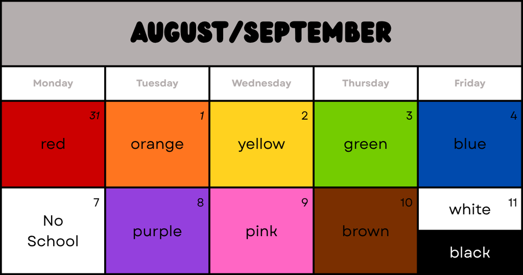 August 31, September 1-11 color day designations