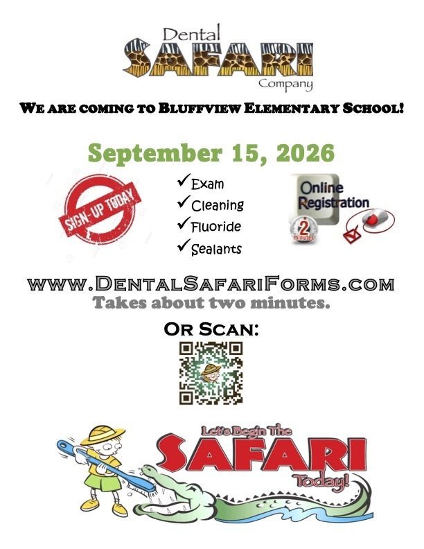A flyer with cartoon graphics advertises a dental event at Bluffview Elementary School on September 15, 2026.