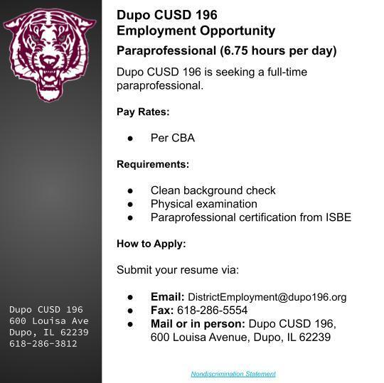 A job posting for a paraprofessional role with Dupo CUSD 196, specifying 6.75 hours per day. Requirements include a clean background check, physical examination, and certification from ISBE.