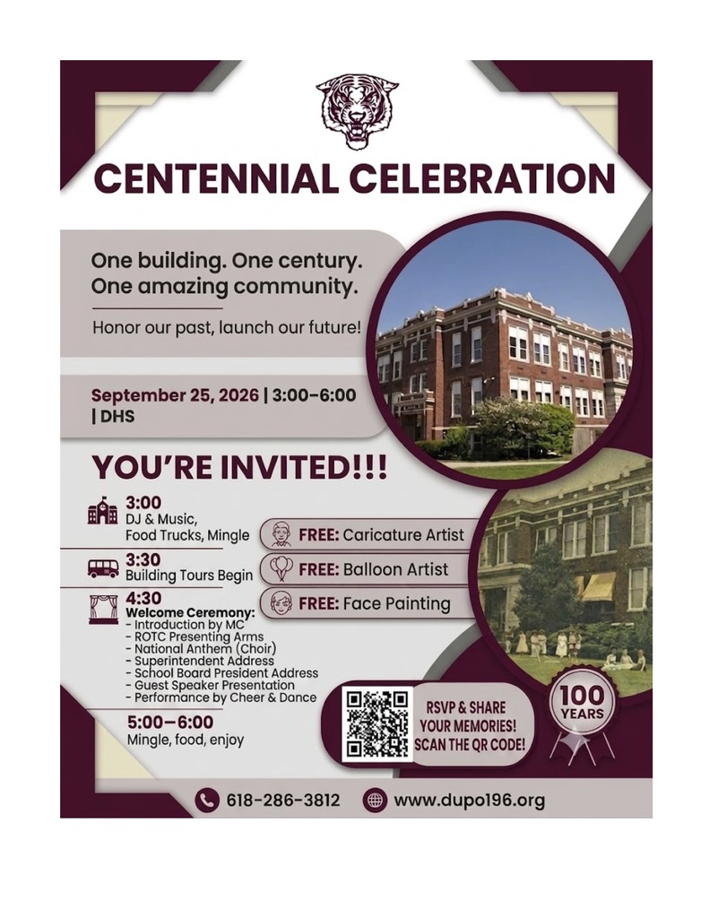A flyer invites attendees to a centennial celebration. It features an image of a building, text about the event, and QR code for RSVP.