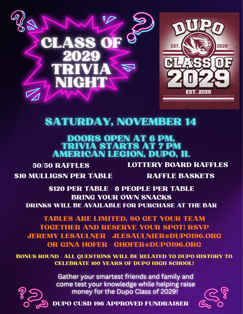 Purple background with "Class of 2029 Trivia Night" and event details. Date: November 14. Doors open at 6 PM, trivia at 7 PM. Raffles, tickets, and snacks available. RSVP info provided.