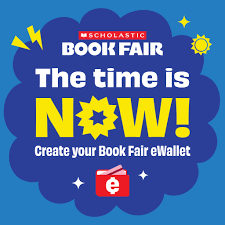An advertisement for the Scholastic Book Fair. It features a blue cloud, yellow stars, a sun, and an eWallet graphic.