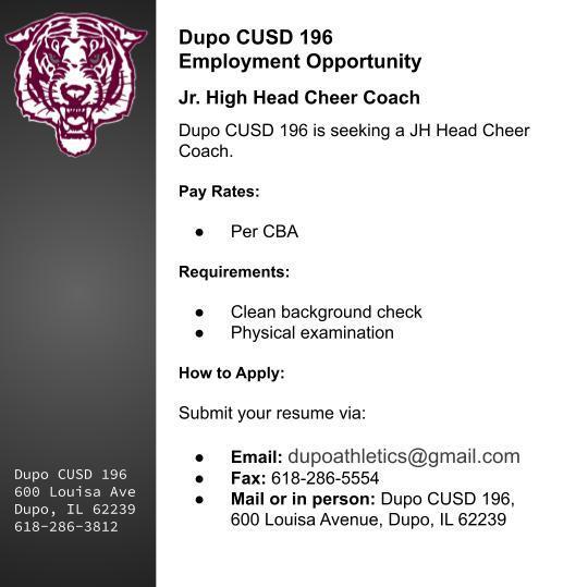 A job posting for a Jr. High Head Cheer Coach at Dupo CUSD 196. Details include pay rate, requirements, and application instructions.