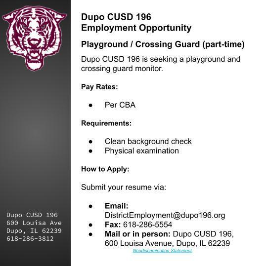 A text-based job advertisement for a playground/crossing guard position at Dupo CUSD 196. It includes details on pay rates, requirements, and submission instructions.