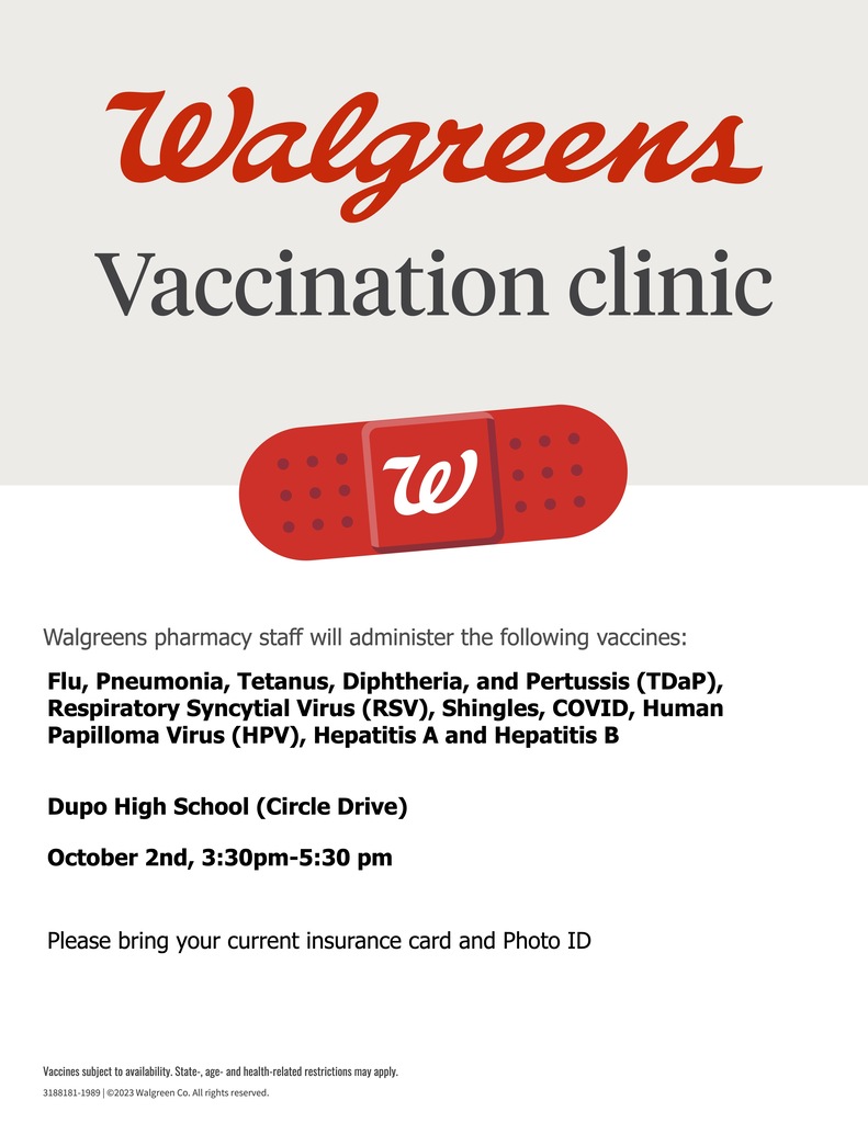White page with red and black text. The title is "Walgreens Vaccination Clinic." A red bandage with the letter "w" is shown. The bottom has a date and location for an event.