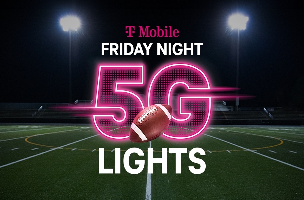 Pink "T-Mobile Friday Night 5G Lights" text with a football on a football field under stadium lights.