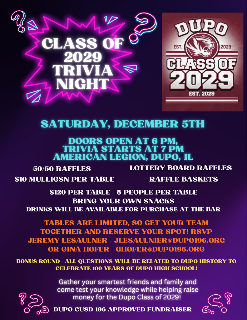 Advertisement with purple background, "CLASS OF 2029 TRIVIA NIGHT" text, "Saturday, December 5th" date, "Doors open at 6 PM" and "Trivia starts at 7 PM" details.
