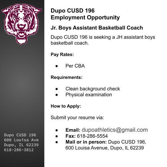 A job posting for a Jr. Boys Assistant Basketball Coach, including pay rates, requirements, and how to apply.