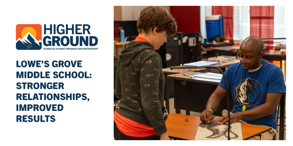 Higher Ground Lowe’s Grove Middle School student and teacher collaborate on a classroom project, reflecting stronger relationships and improved results.