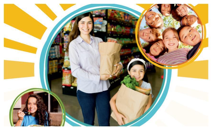 picture of happy people of all ages, one person eating a salad, two people holding grocery bags, and one circle of children. 