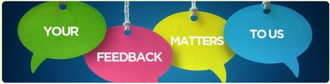 colorful speech bubbles with the words your feedback matters to us on a dark blue background