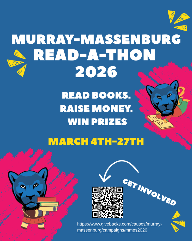 Poster for the Murray-Massenburg Read-a-thon 2026. Features a blue panther reading, event dates March 4th-27th, and a QR code to get involved. Energetic and colorful design.