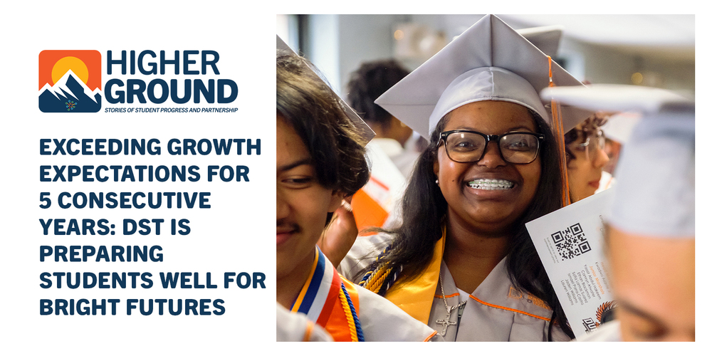  A joyful graduate in cap and gown smiles brightly at a ceremony. Text reads, "Exceeding growth expectations for 5 consecutive years: DST is preparing students well for bright futures.
