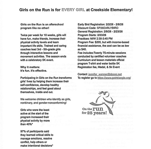 Flyer. girls on the run is for every girl at Creekside Elementary!
