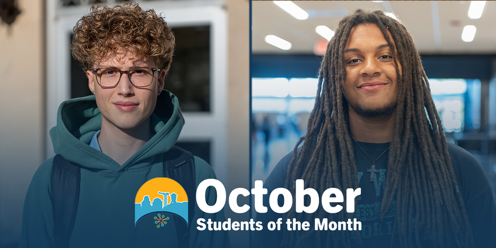 Split-screen portraits of two smiling male students, one curly-haired with glasses and one with long locs, in a school setting; “October Students of the Month.”