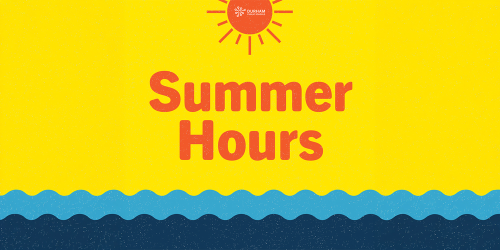 Yellow background with "Summer Hours" in bold red text. A sun icon with a small logo sits above, and blue waves line the bottom. Bright and cheerful mood.
