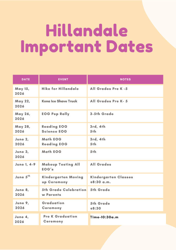 Hillandale's Important Dates - also found under Events