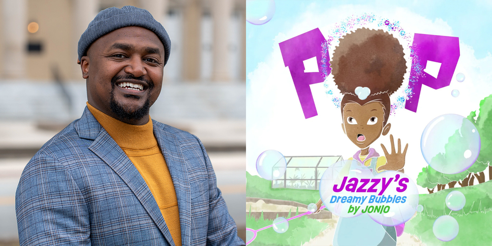 A man in a beanie and a checkered blazer smiles warmly. Beside him is an illustrated book cover featuring a young girl with a big afro amidst bubbles and the title, "Jazzy's Dreamy Bubbles."