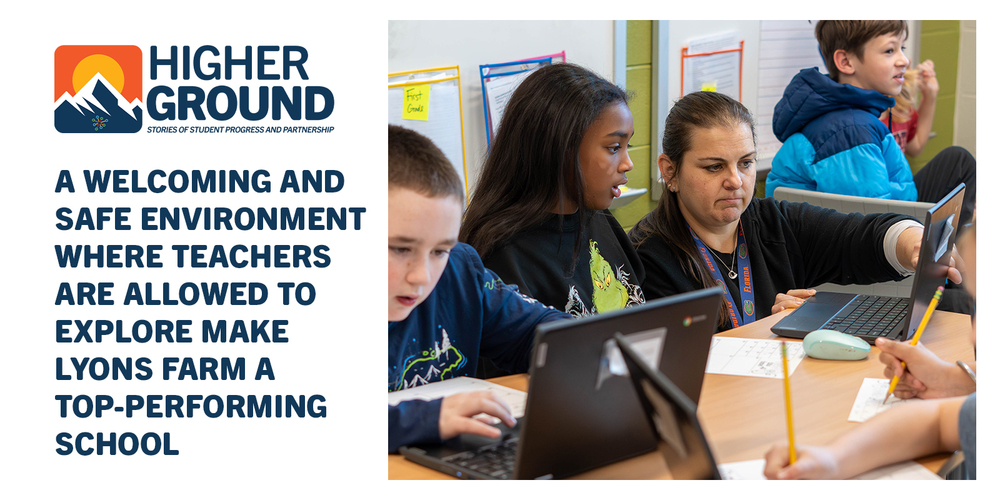 Students work on laptops with a teacher assisting them, fostering focus and collaboration. Text highlights a welcoming school environment.