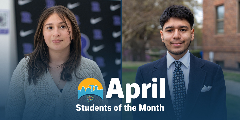 Two students, a young woman and a young man, are featured as April Students of the Month. She is indoors with long hair, and he is outdoors in a suit.