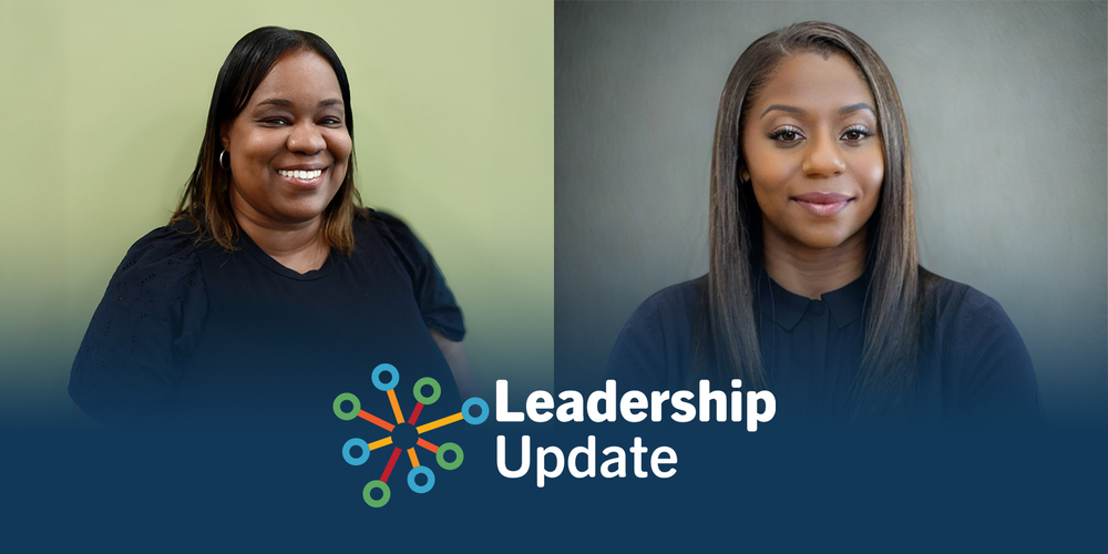 Two women smiling, side by side against neutral backgrounds. Below them, "Leadership Update" text with a colorful network icon, conveying professionalism.