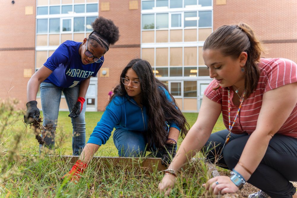 students working in a garden