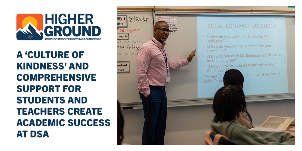 Man in a classroom stands pointing at a board with social contract questions, engaging students. Text highlights "culture of kindness" at DSA.
