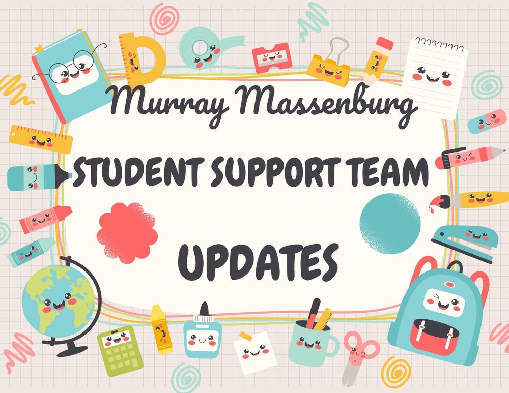 Cute, cartoon-style school supplies with faces surround the text: "Student Support Team Updates." Includes a globe, pencils, and a backpack. Playful and cheerful.