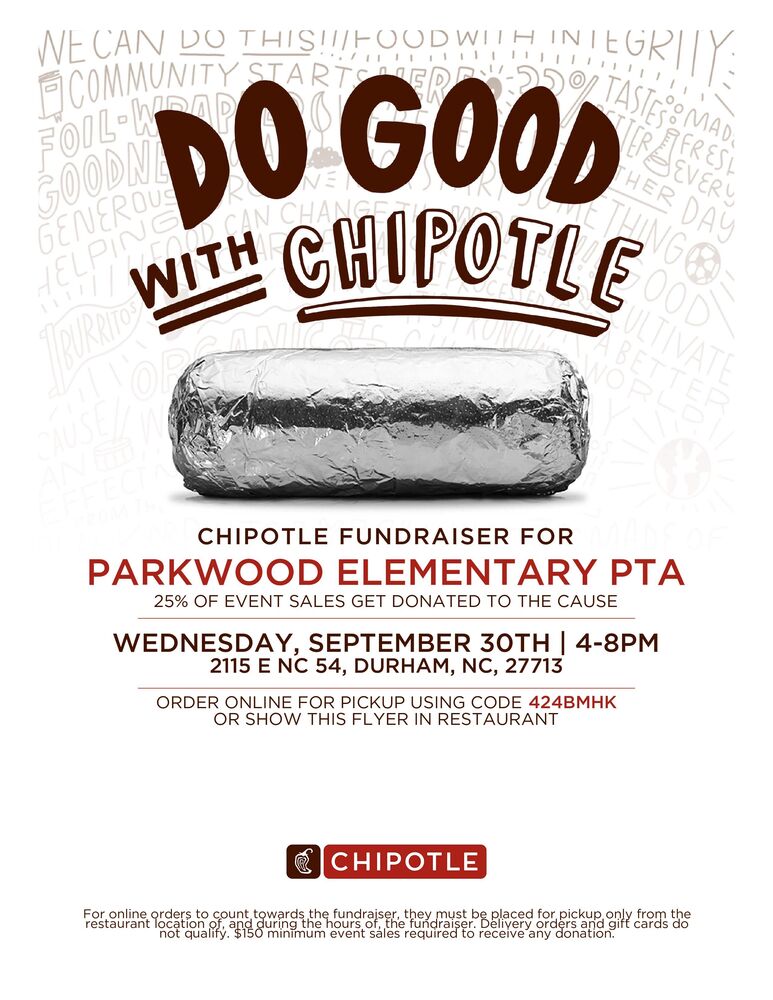 Chipotle “Do Good” fundraiser flyer with a foil-wrapped burrito benefiting Parkwood Elementary PTA on Sept. 30, 4–8 PM, Durham, NC.