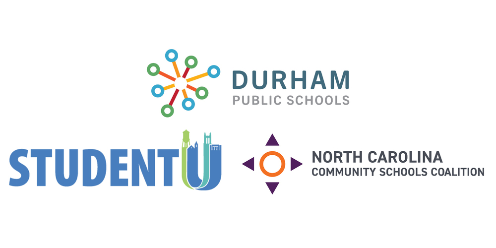 Logos for Durham Public Schools, Student U, and North Carolina Community Schools Coalition. Each features distinct designs and fonts.