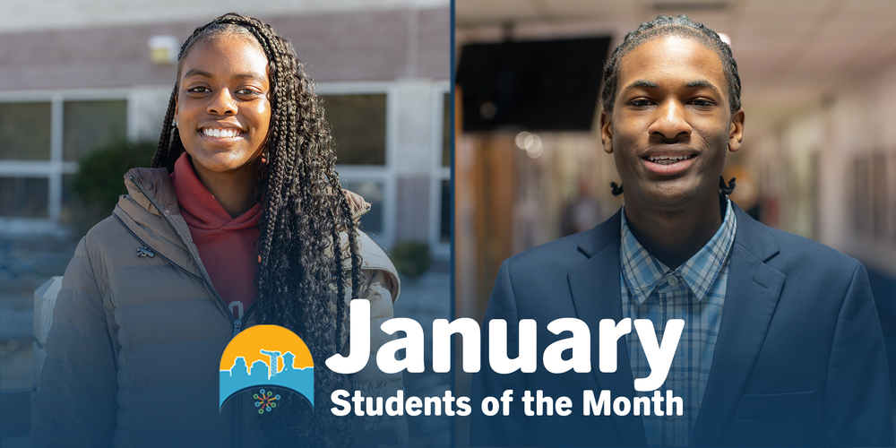 Split image of two smiling students, a girl in a coat and hoodie outdoors, and a boy in a suit indoors. Text overlay: "January Students of the Month."