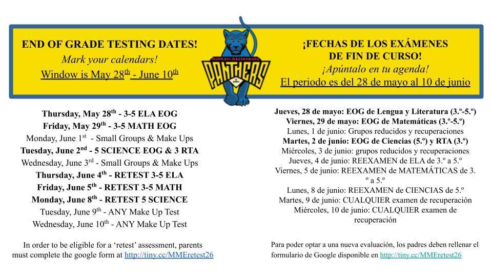 Alt text: "Bilingual poster titled 'End of Grade Testing Dates' in English and Spanish with a panther mascot. Lists test and retest dates from May 28 to June 10 for different subjects. Instructions for retest eligibility included. Bright yellow and blue color scheme."