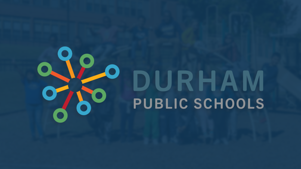 Logo of Durham Public Schools with interconnected colorful circles on the left, and the text "Durham Public Schools" on a blurred playground background.